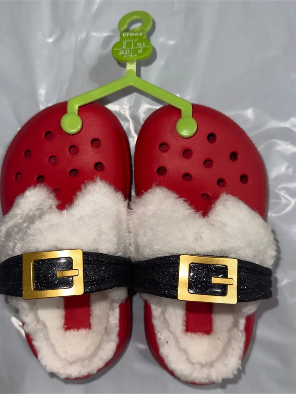 CROCS Red Clog Slides with Black Strap and Cream Fuzzy Lining